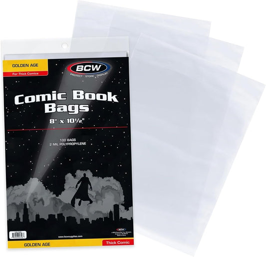 BCW Thick Golden Age Comic Bags - 100 ct | Crystal Clear, Acid-Free Protection, Polypropylene Sleeves | Comic Bags for Secure Storage of Standard Golden Comics Collection