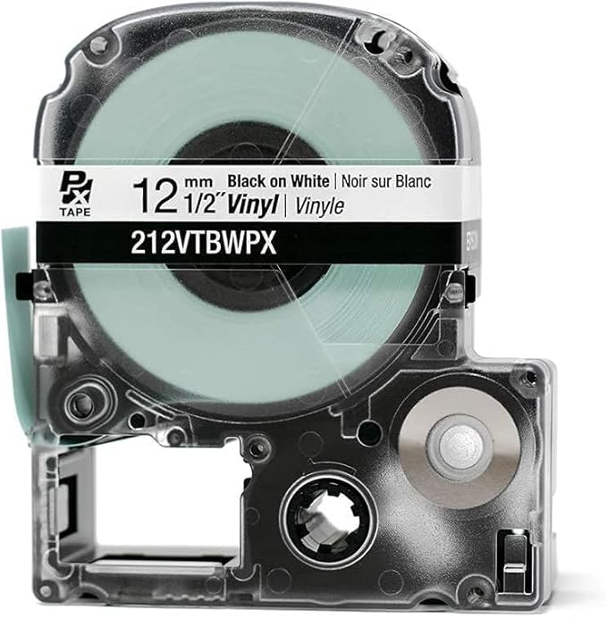Epson LABELWORKS 212VTBWPX-5PK Genuine Tape Cartridge - 5 Pack Black on White Flexible and Durable Vinyl Industrial Label Maker Tape - 1/2" (12MM) Wide, 22.9 ft - 5 Cartridges