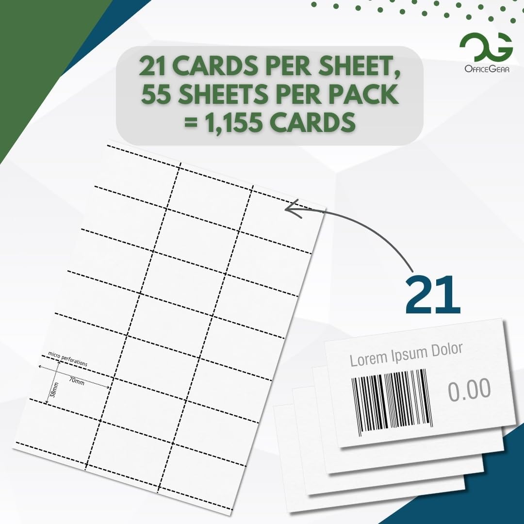 OfficeGear Shelf Edge Barcode Price Ticket Labels 21-up [55 Sheets - 1155 Pack] 38x70mm Custom Printable A4 120gsm Card Micro-Perforated Non-Adhesive Merchandise Tag Includes Design Template