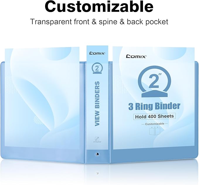 COMIX Standard 3 Ring Binder 2 inch with Clear View Cover, 2" Round Ring View Binder Holds 400 Sheets of US Letter Size Paper, 6 Pack (Pale Blue)