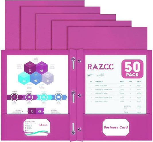 Two Pocket Folders, RAZCC 50 Pack Two Pocket Folders with Prongs, 3 Prong Folders Fit Letter Size Paper, Pocket File Folders for School Office Home Business, Rose Purple