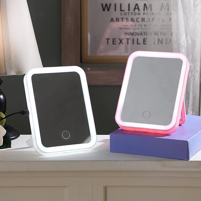 Sintuff 2 Pcs Light Up Locker Mirror Accessories Rectangular Magnetic Mirror for Locker, Bathroom, Household Refrigerator, Workshop Toolbox or Cabinet(Pink, White)