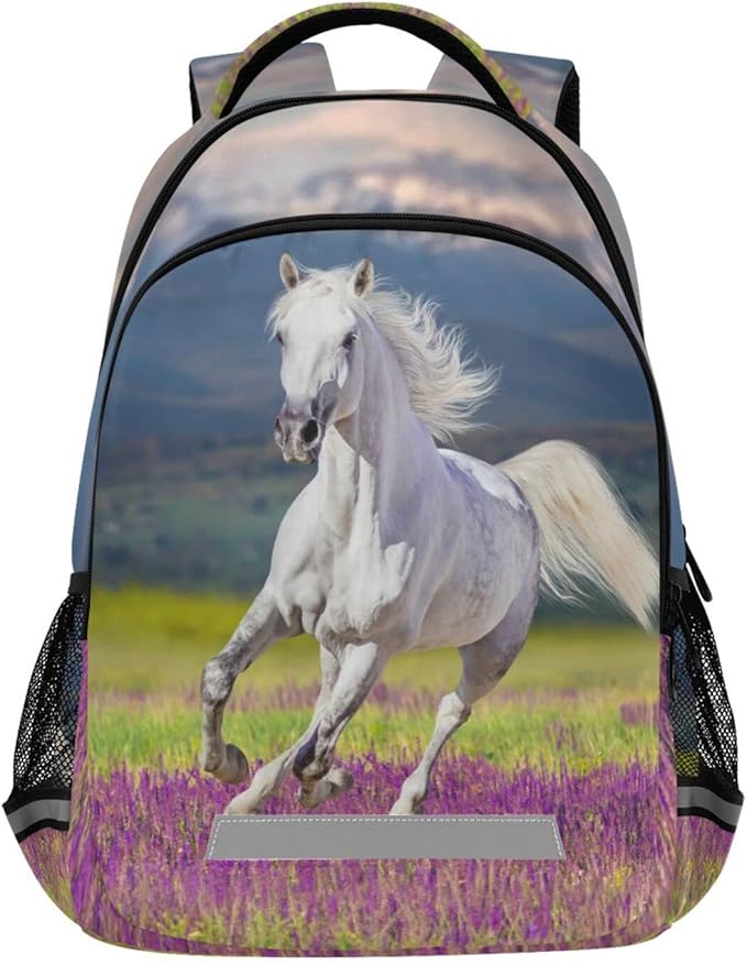 Horse Kids Backpack Bookbag Lavender Flower Elementary School Bag for Boys Girls Travel Rucksack