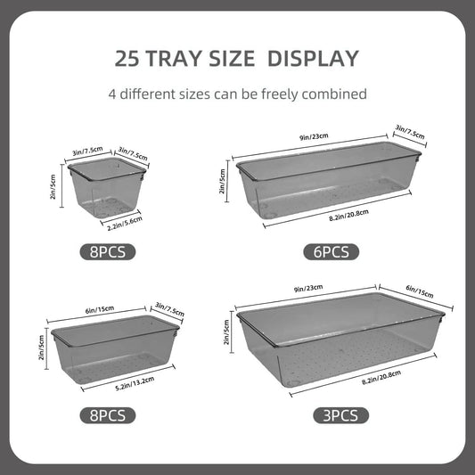 Kitchen Desk Drawer Organizers Storage for Office, Small Acrylic Vanity Trays Makeup Organizer for Drawer Bathroom Plastic Make up Organizers 25 Pcs Clear Black