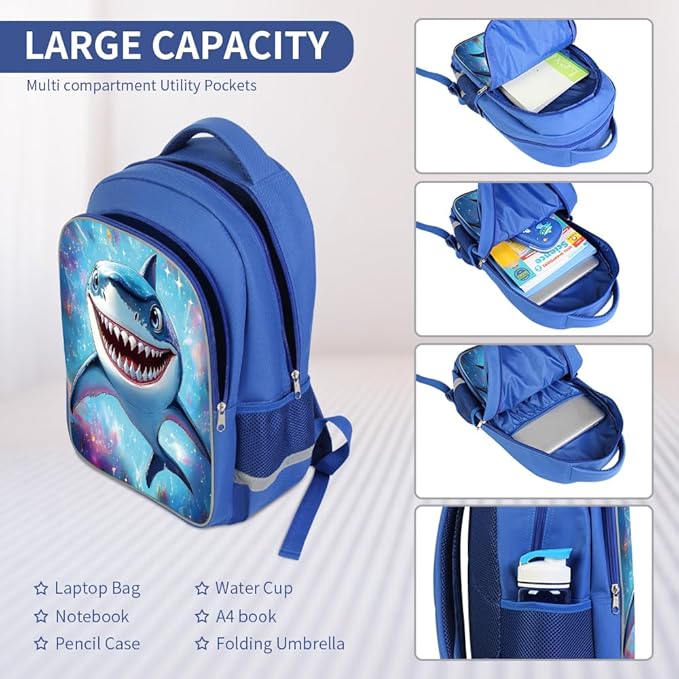 Kids Backpack, 3D Reflective Cartoon, 600D Polyester & Dual Zippers, 17" Bookbag with Ergonomic Design for boys & girls age 6-18, Shark Space Style for school Children Kids