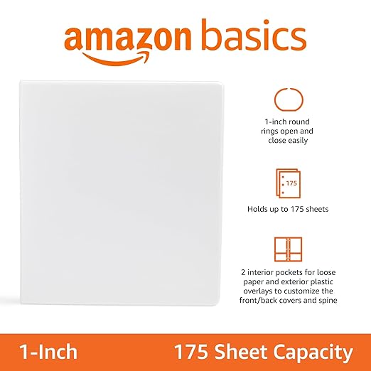 Amazon Basics 3-Ring Binder, 1-Inch - White 1 Pack