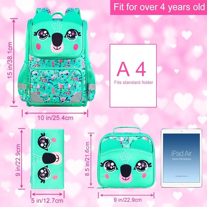 UFNDC 3PCS Bookbag for Girls, 15" Kids Sequin Bookbag with Lunch Box, Green Koala School Bag Set for Elementary Preschool Toddler