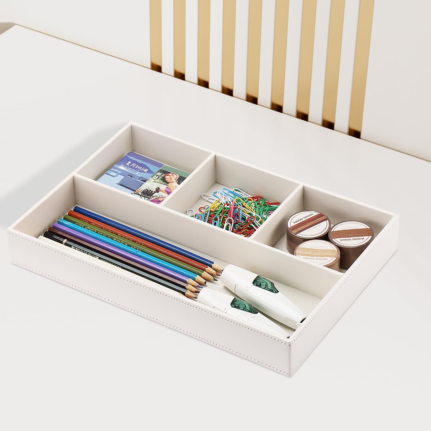 KINGFOM PU Leather Desk Drawer Organizer, 4 Compartment Office Supplies Stationery Storage Tray, Desk Organizers and Accessories Drawer Organizer Tray for Home, Makeup, Jewelry Stackable White