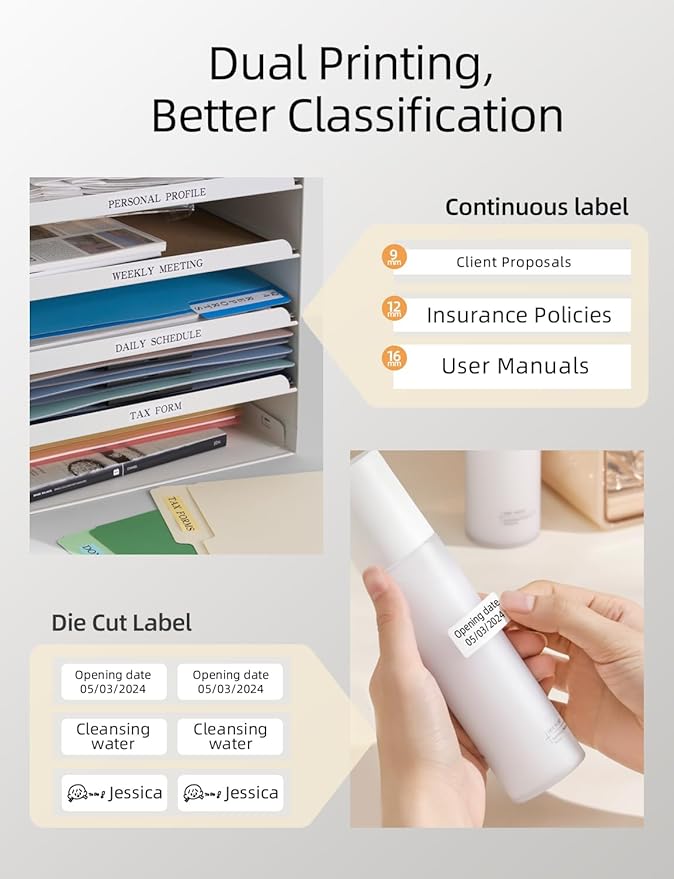 Makeid Label Maker Machine with Tape - Compatible with 9/12/16mm Waterproof Tape, Portable & Rechargeable with Built-in Cutter Wireless Label Printer Compatible with Android & iOS Devices