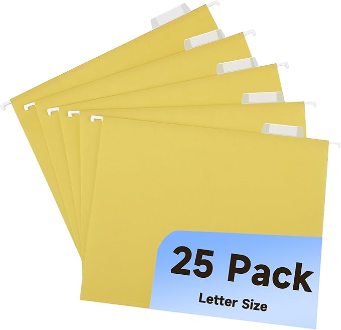 Hanging File Folders,25 Pack Yellow Letter Size Hanging File Folders with 1/5-Cut Tabs,Ideal for Home and Office Organization and Papers Classification