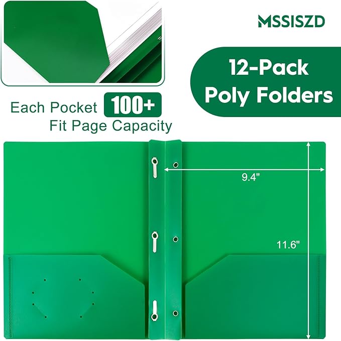 2-Pocket Folders with 3 Prongs,60-Pack Plastic Folders with Pockets and Prong Holds Letter Size Paper, Plastic Pockets Folder for School, Office and Home, Green