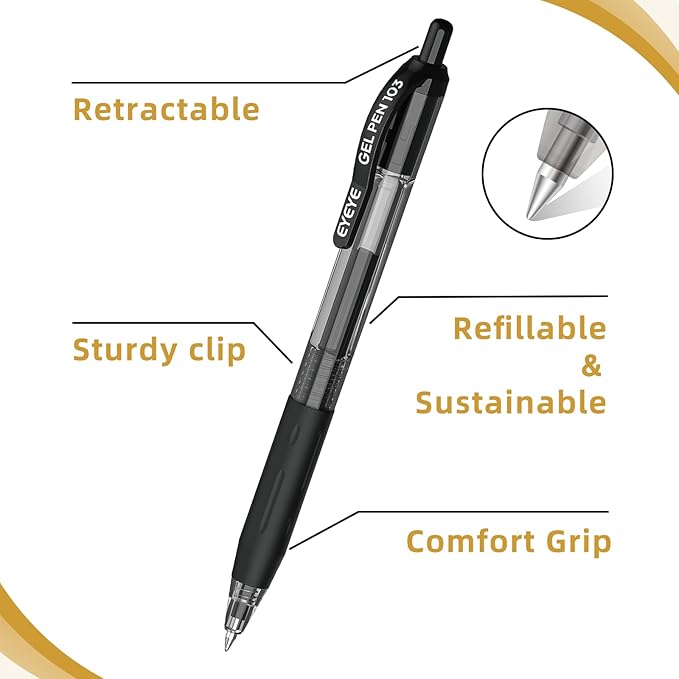 EYEYE G-103 Retractable Gel Pens Black 50 Pack, 0.5mm Extra Fine Point Ink Pen Quick Dry, Ballpoint Pen Fine Point Smooth Writing Pens for for Office School Supplies