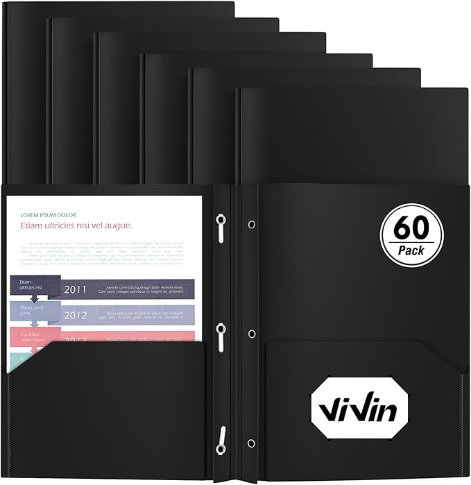 Heavy Duty Plastic Folder, 60 Pack, Pocket Folder with brads, Letter Size Poly File, Plastic Folders with 3 Prongs Fasteners - Black