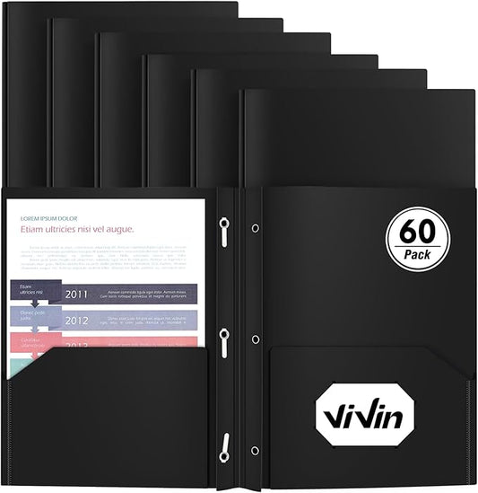 Heavy Duty Plastic Folder, 60 Pack, Pocket Folder with brads, Letter Size Poly File, Plastic Folders with 3 Prongs Fasteners - Black