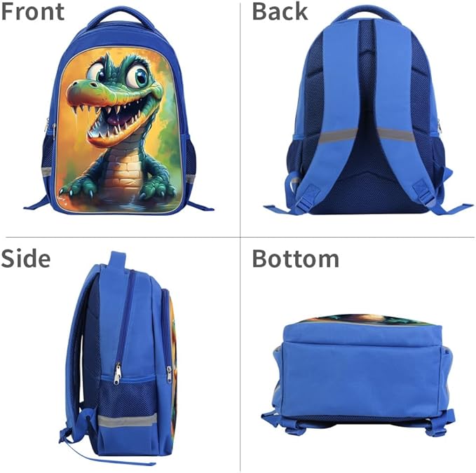 Kids Backpack, 3D Reflective Cartoon, 600D Polyester & Dual Zippers, 17" Bookbag with Ergonomic Design for boys & girls age 6-18, Crocodile Space Style for school Children Kids