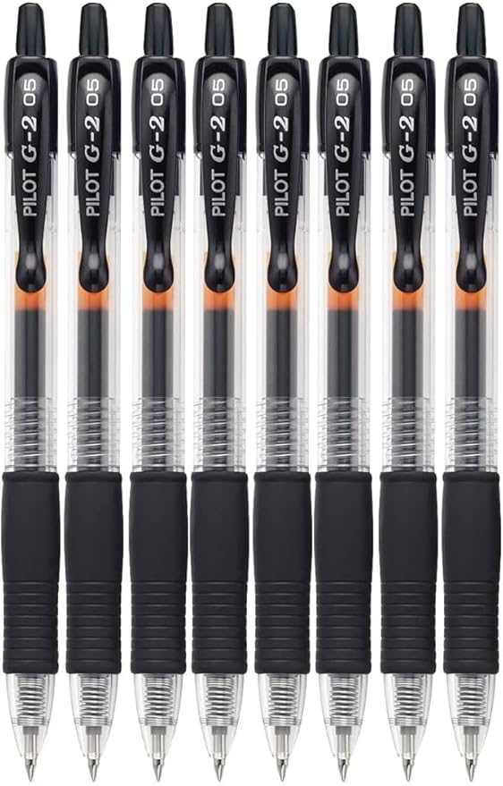 G2 Retractable Premium Gel Ink Roller Ball Pens Extra Fine Point (.5mm) Black Ink 8 pack; Refillable & Premium Comfort Grip Bundle with Plastic Reusable Pouch