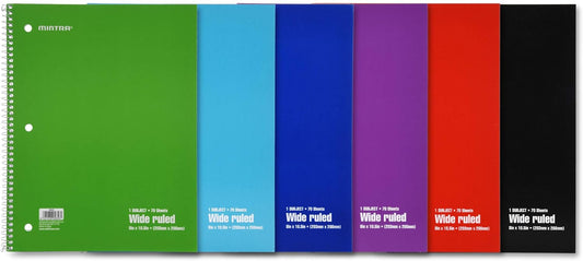 Mintra Office Spiral Notebooks - 1 Subject, 70 Sheets, WIDE Ruled, 8in x 10in, Bulk Pack, Primary Color Covers, Set of 6 - for School, Office, Business, Professional (04656)