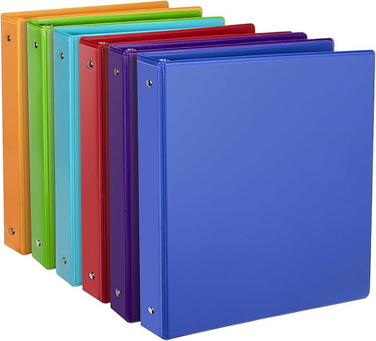 1-Inch Binder, Standard 3 Ring Binder Fit Letter Size Paper, Presentation View Binders, 6 Packs, Assorted