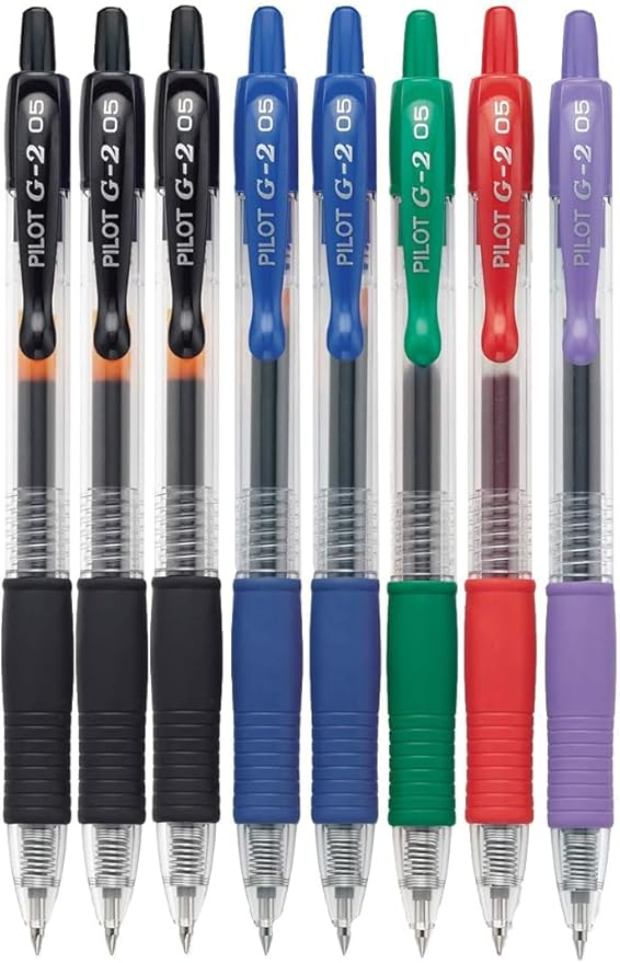 G2 Retractable Premium Gel Ink Roller Ball Pens Extra Fine Point (.5mm) Black/Blue/Red/Green/Purple Ink 8 pack; Refillable & Premium Comfort Grip Bundle with Plastic Reusable Pouch