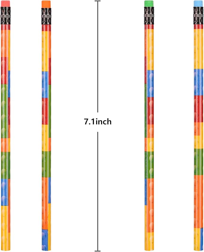 Kolewo4ever 200 Pieces Building Block Wood Pencils Colorful Round Pencils with Top Erasers Kids Birthday Goody Bag Bulk Filler for Exams School Office Sketching Learning Activities