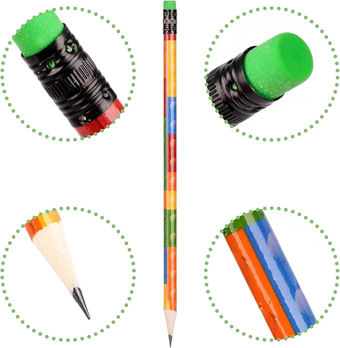 Kolewo4ever 200 Pieces Building Block Wood Pencils Colorful Round Pencils with Top Erasers Kids Birthday Goody Bag Bulk Filler for Exams School Office Sketching Learning Activities