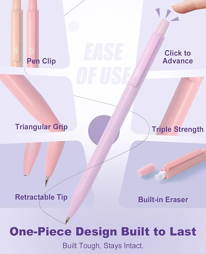 Mechanical Pencil Set with Cute Pencil Case, 12PCS Pastel Mechanical Pencils 0.5 & 0.7mm with 720PCS HB Leads, 4PCS Erasers and 1x Sticky Note, Suitable for School Writing, Drafting Drawing Sketching