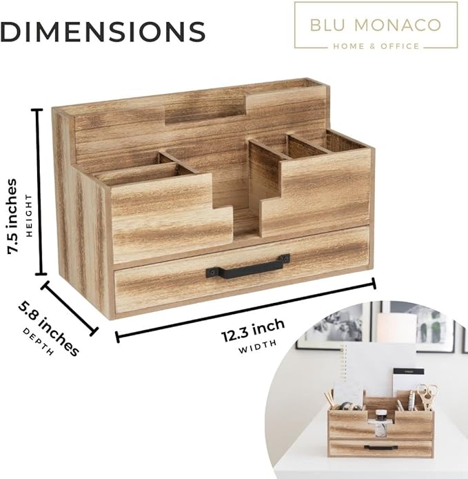 BLU MONACO Natural Wooden Office Supplies Desk Organizer with Drawer - Accessories for Women - Desktop Organization - Organization for Desk - Home Office Supplies Organizer