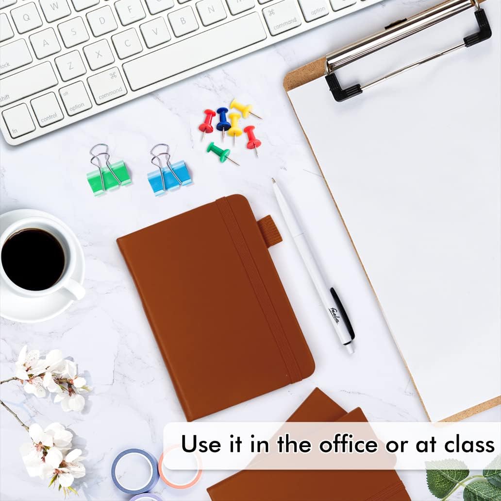 feela 3 Pack Pocket Notebook Journals, Mini Cute Small Journal Notebook Bulk Hardcover College Ruled Notepad with Pen Holder for Office School Supplies, with 3 Black Pens, 3.5”x 5.5”, A6, Brown