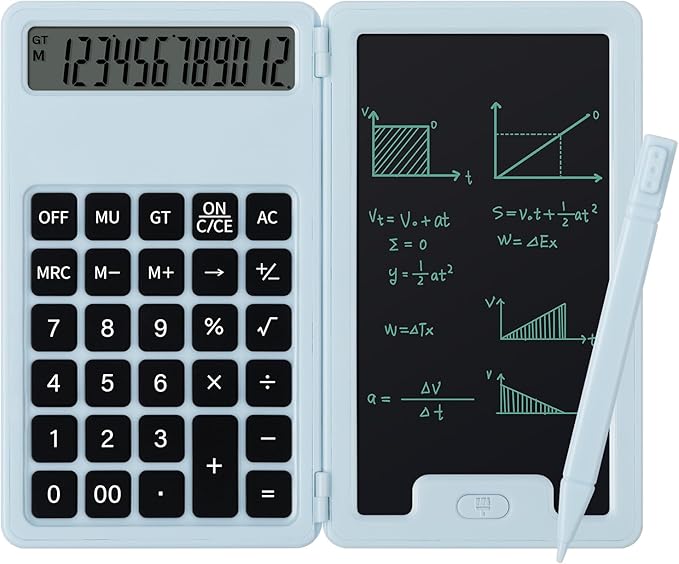 Desk Portable Basic Calculator with Notepad and Stylus, 12 Digit Large Display Multi-Function for Office, School, Home & Basic Financial (Blue)