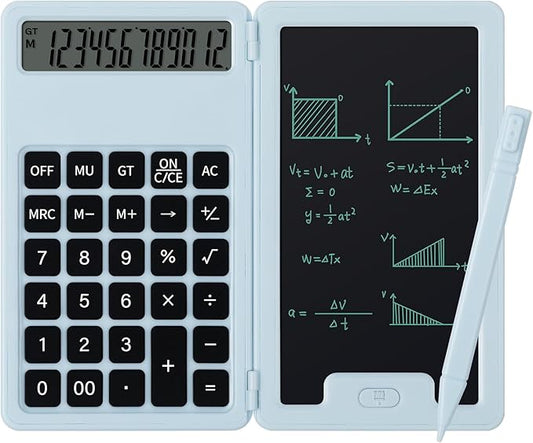 Desk Portable Basic Calculator with Notepad and Stylus, 12 Digit Large Display Multi-Function for Office, School, Home & Basic Financial (Blue)