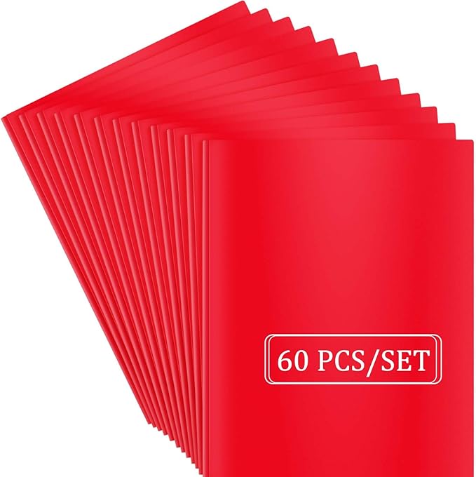 Heavy Duty Plastic Folder, 60 Pack, Pocket Folder with brads, Letter Size Poly File, Plastic Folders with 3 Prongs Fasteners - Red