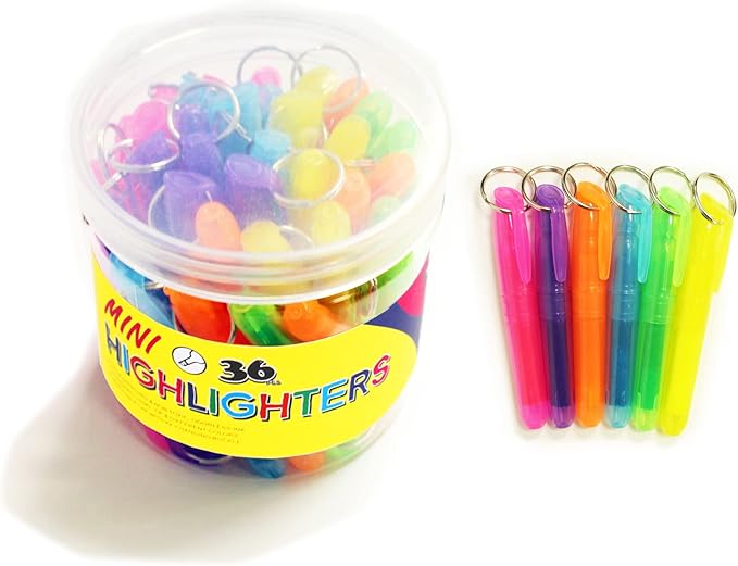 SKKSTATIONERY 36-Pcs Mini Highlighters with Key Ring, Colored Quick Dry Highlighter Markers Chisel Tip Bright Assorted Colors Highlighter Pens 3.5''