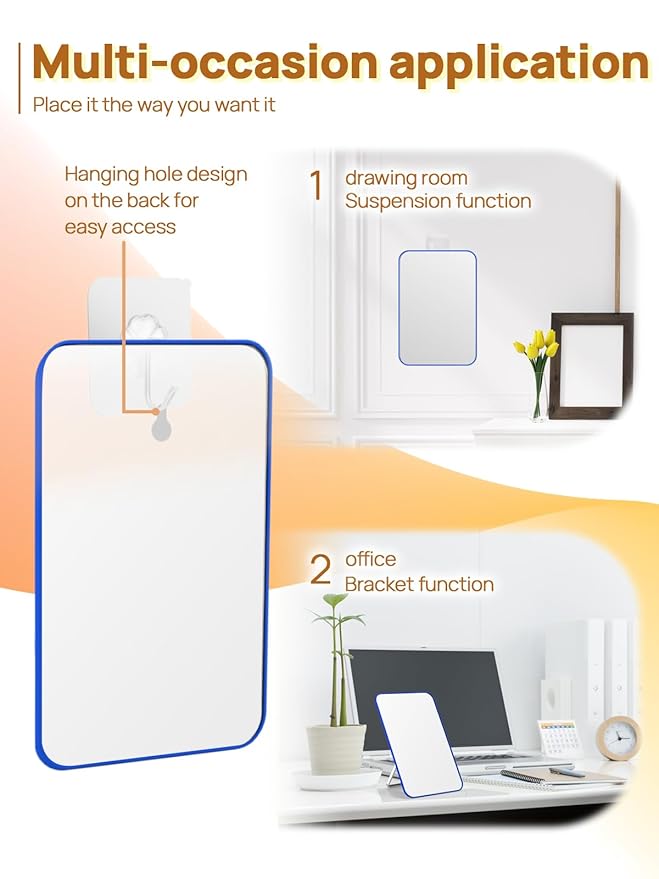 OMIRO Desk Makeup Mirror, 8 x 5 inches Table Mirror with Foldable Stand and Hanging Hole for Shaving and Travelling, Blue