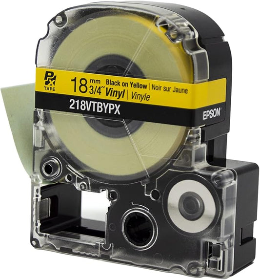Epson LABELWORKS 218VTBYPX Genuine Tape Cartridge - Black on Yellow Flexible and Durable Vinyl Industrial Label Maker Tape - 3/4" (18MM) Wide, 22.9 ft