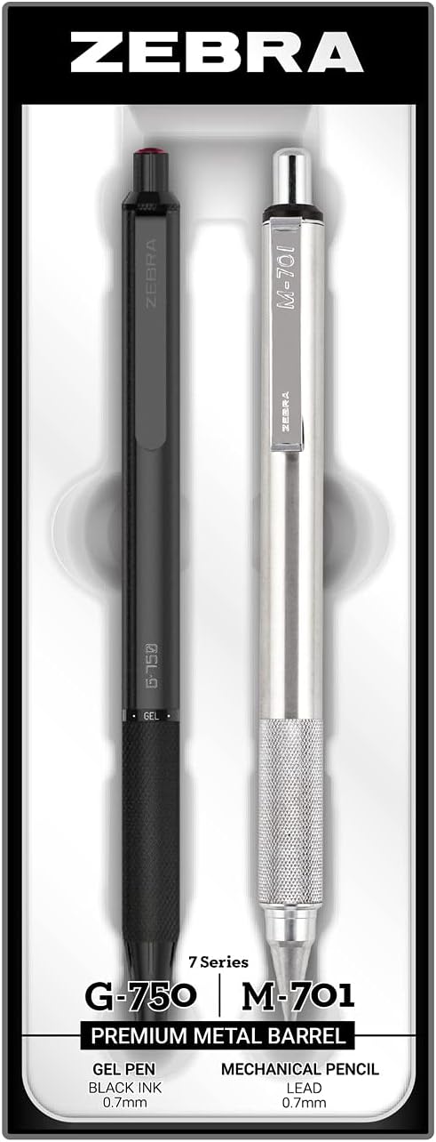 Zebra Pen G-750 and M-701 Retractable Gel Pen/Pencil Gift Set, Premium Metal Barrel, Medium/Fine Point, 0.7mm, 2-Pack (10512)