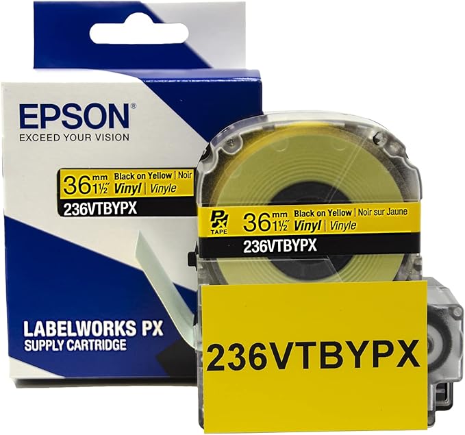 Epson LABELWORKS 236VTBYPX Genuine Tape Cartridge - Black on Yellow Flexible and Durable Vinyl Industrial Label Maker Tape - 1.5" (36MM) Wide, 22.9 ft