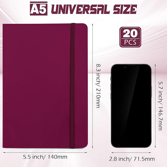 Honoson 20 Pack Lined Journal Notebooks A5 Hardcover Executive Notebook 5.5" x 8.3" PU Leather Wide Ruled Journals Bulk with Elastic Band for Home Business Office School Supplies(Burgundy)