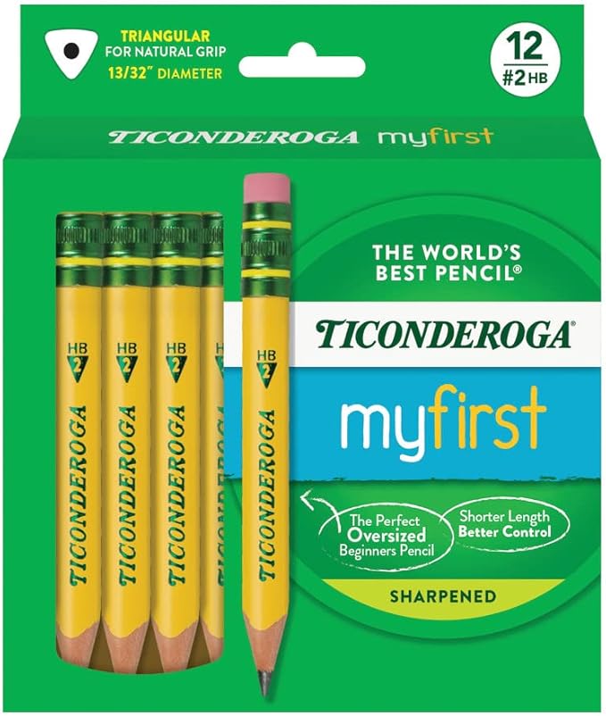 Ticonderoga My First Short Triangular Wood-Cased Pencils, #2 HB Soft, With Erasers, Yellow, 12 Count