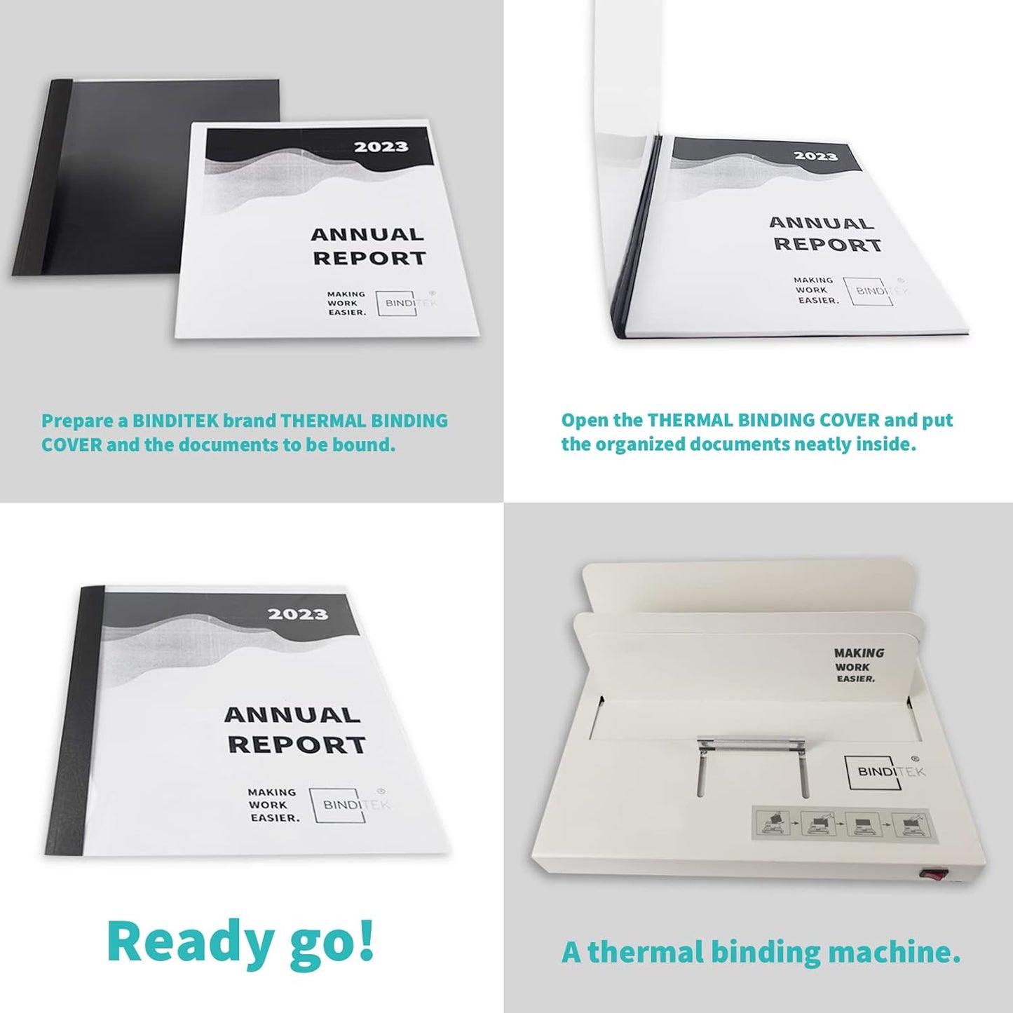 Binditek 20 Pack Thermal Binding Presentation Covers, 1/8 Inch Spine Holds 30 Sheets, Ultra Clear Front Cover, Black Paper Back Cover, Letter Size, for Students and Coworkers