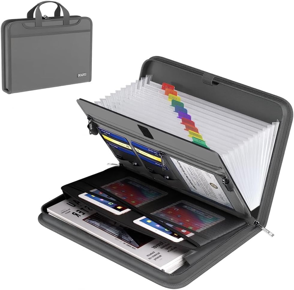 Folio Document Organizer (Grey), Durable 13-Pocket Expanding File Folder with Handle & Labels, Portable A4/Letter Organizer for Home Office, School & Travel