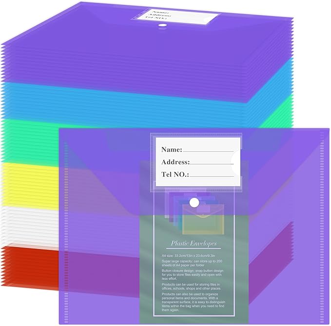NACHLYNN 108 Pack Plastic Envelopes Plastic Folders with Snap Closure, 6 Colors A4 Size Clear File Envelopes with Label Documents Folders Organizers for Home Work Office Organization