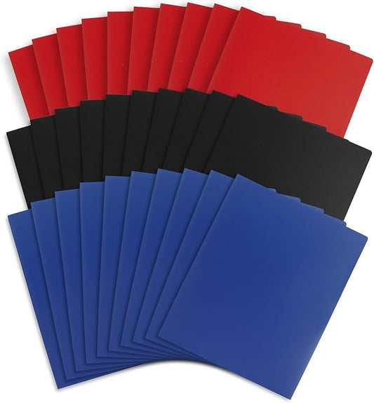 Blue Summit Supplies 30 Pack Two Pocket Plastic Folders Bulk, 2 Pocket Plastic Poly Folders, Bold Assorted Dark Colors, Black, Blue, and Red Color, Durable, Letter Size with Business Card Slot
