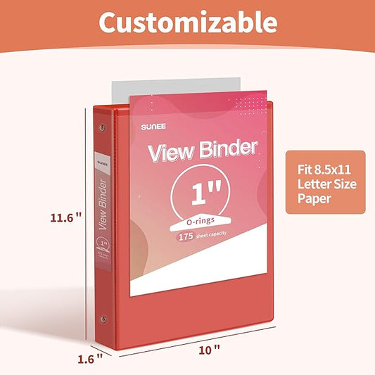 SUNEE 1 Inch Binders 3 Ring 6 Pack, Clear View Three Ring Binders PVC-Free (Fit 8.5x11 Inches) for School Binder or Office Binder Supplies, Classic 6 Colors