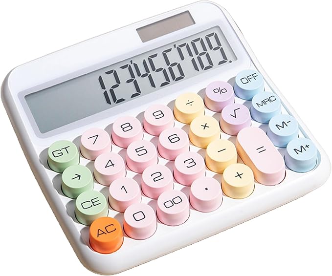 Mechanical Calculator, Cute Calculator for Daily and Basic Office, 12 Digit Display Vintage Typewriter Style Solar Powered Battery Powered White (not inculde Battery)