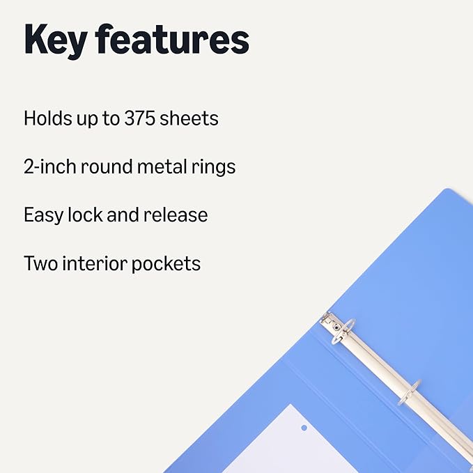 Amazon Basics 3 Ring 2 inch Binder, Round Rings, Assorted Colors, 4 Pack