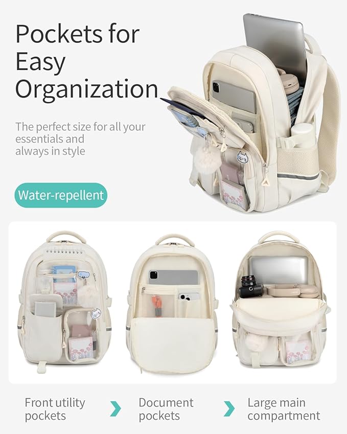 Backpack for Teen Girls, Cute Aesthetic School Backpacks with Accessories for Middle High School Students, Designer Backpack for Kids Bookbag, Beige