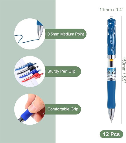 M&G Gel Pen Medium Point 0.5mm, 12 Pack Quick Dry Smooth Retractable Dark Blue Gel Ink Rollerball Pen for Home Office Writing Note Taking Journaling Business, Style 1