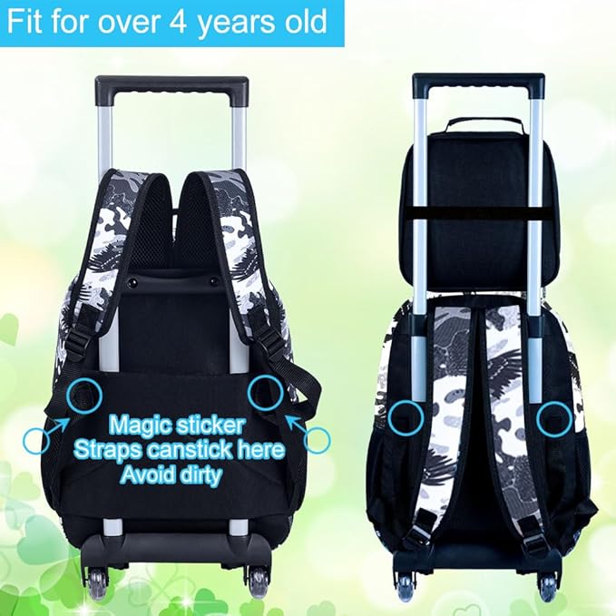 18" Shark Rolling Backpack for Boys, 3Pcs Kids School Backpacks with Wheels, Roller Bookbag with Lunch Box for Preschool Toddler Elementary(Black)