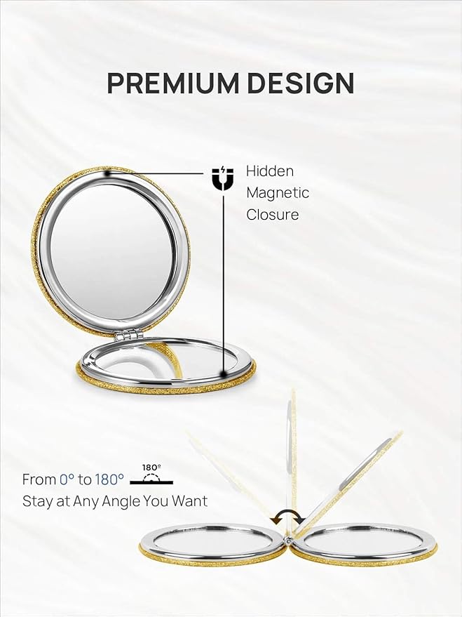 OMIRO 1X/10X Magnifying Compact Mirror with PU Leather, Ultra-Portable for Purses and Travel, Round Gold