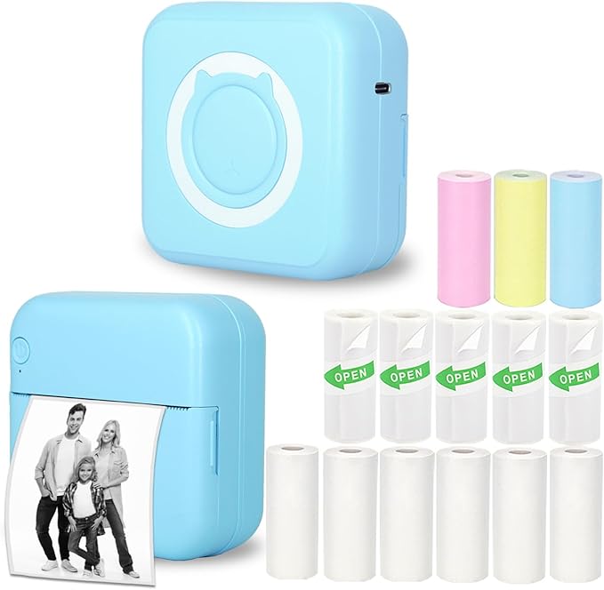 Mini Thermal Inkless Sticker Printer with 14 Rolls Paper, Compatible with iPhone/Android Phone/Tablet, Mini Pocket Printer for Photos/Stickers/Labels/Notes, Blue